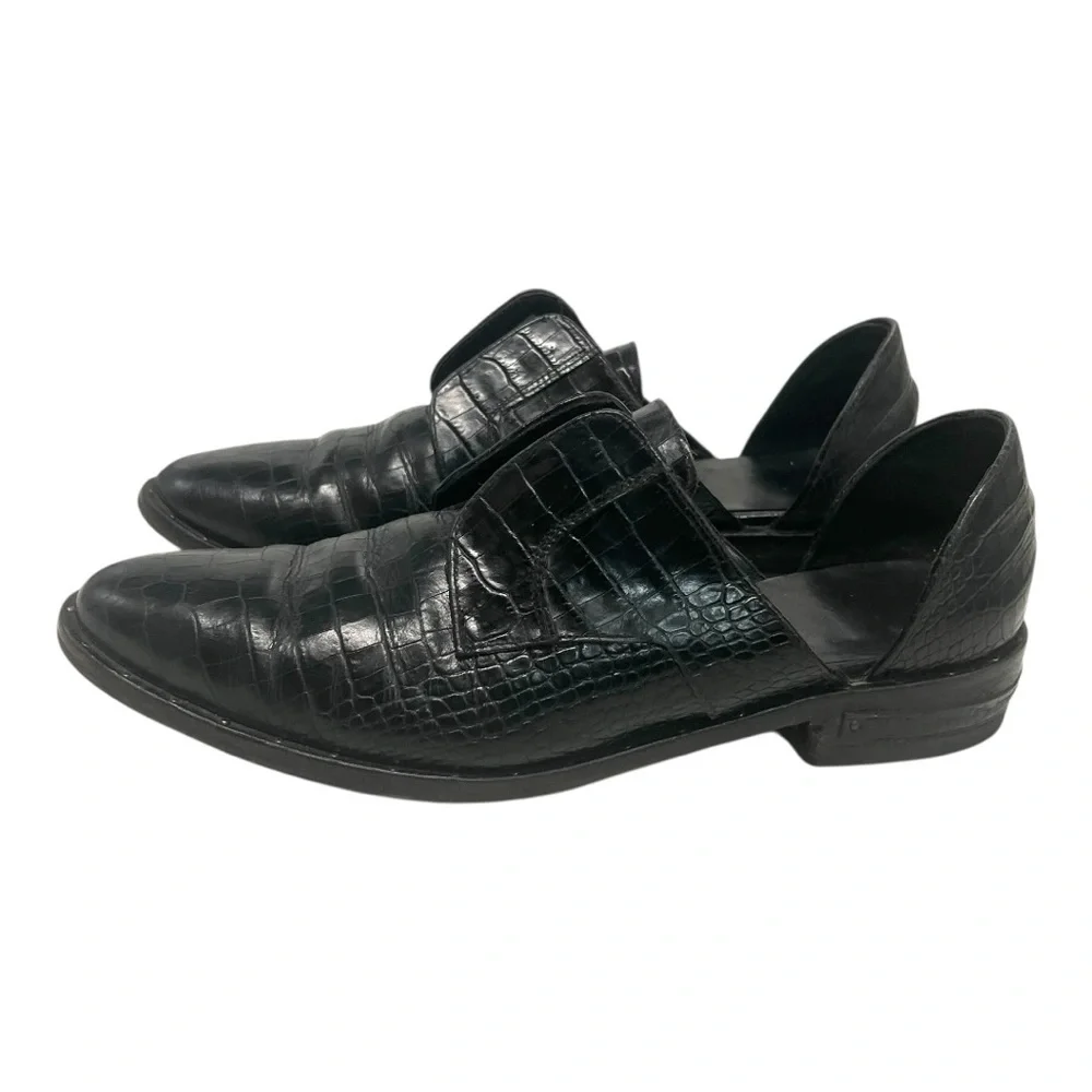 Freda Salvador Black Leather Croc Embossed D'Orsay Slip On Loafer Flat Women 7.5 - Picture 2 of 15